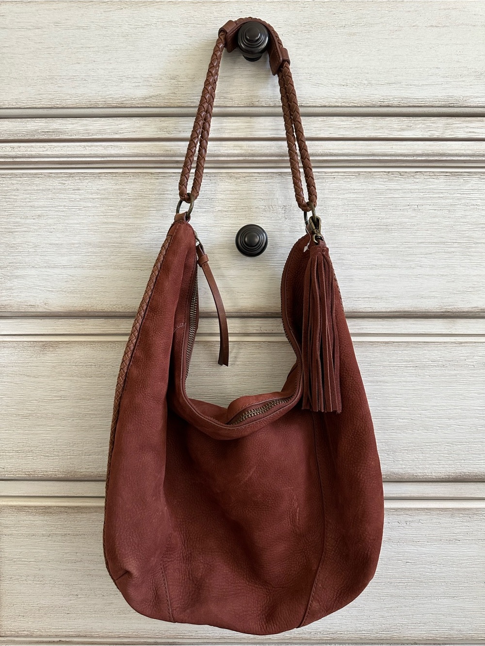 Lucky Brand Rust Brown Suede Hobo Bag with Braided Strap and Tassel